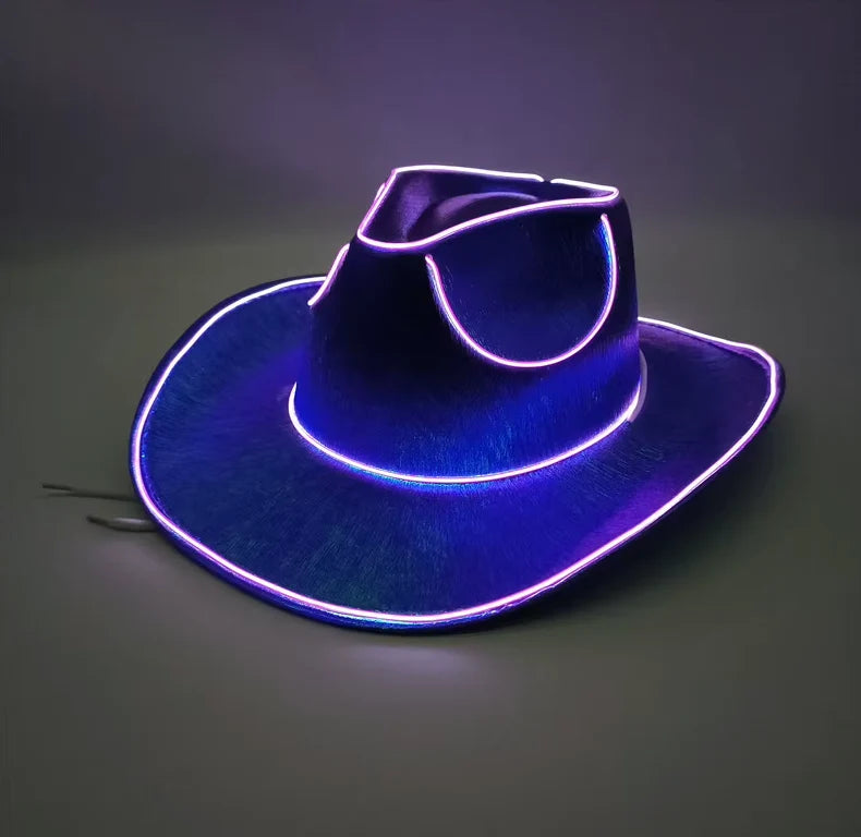 A cowboy hat with glowing purple LED trim, photographed on a dark gray background.