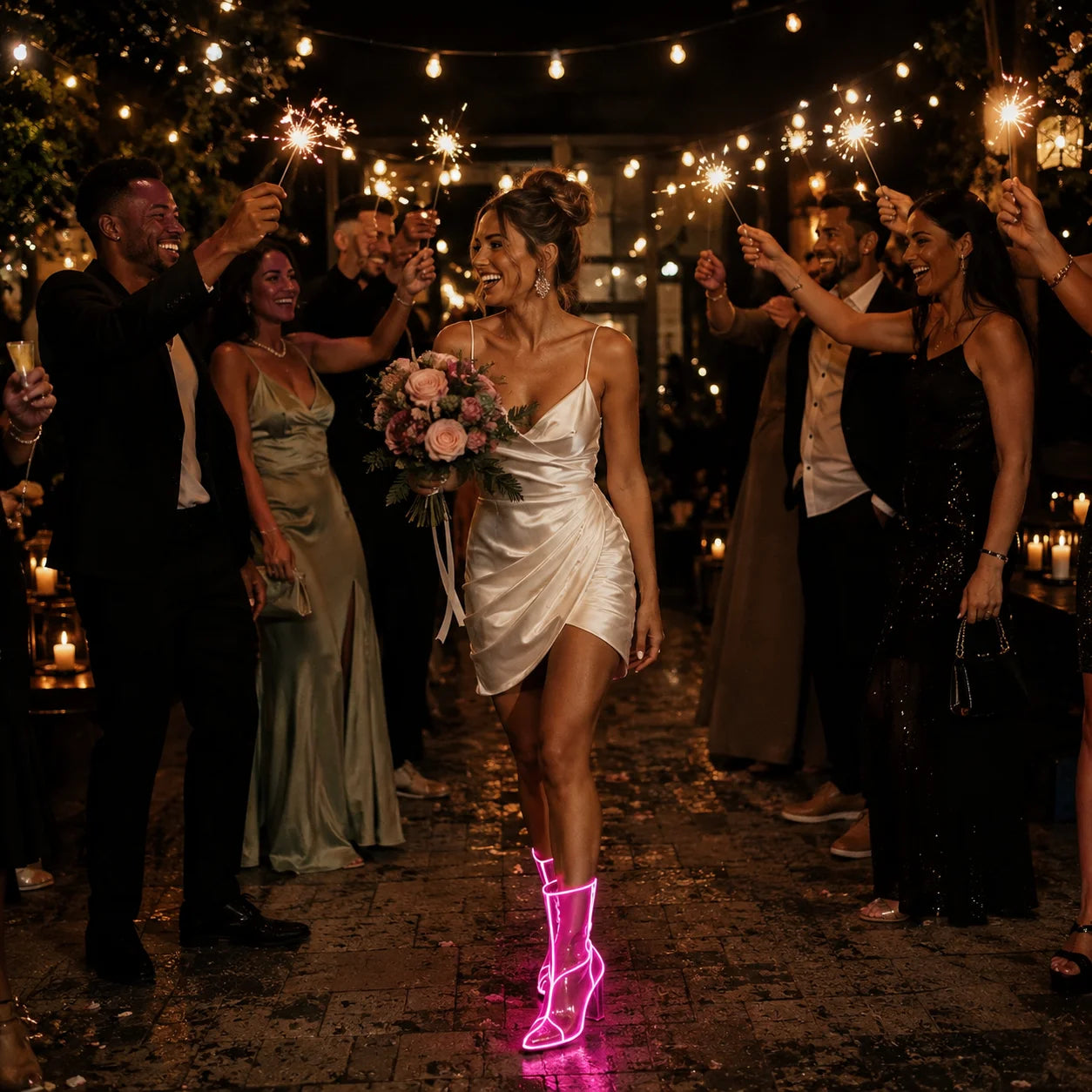 A bride in a satin slip dress walks down a cobblestone aisle at night while guests hold sparklers. She is wearing a glowing pink neon light Cowboy LED boots that illuminates the path.