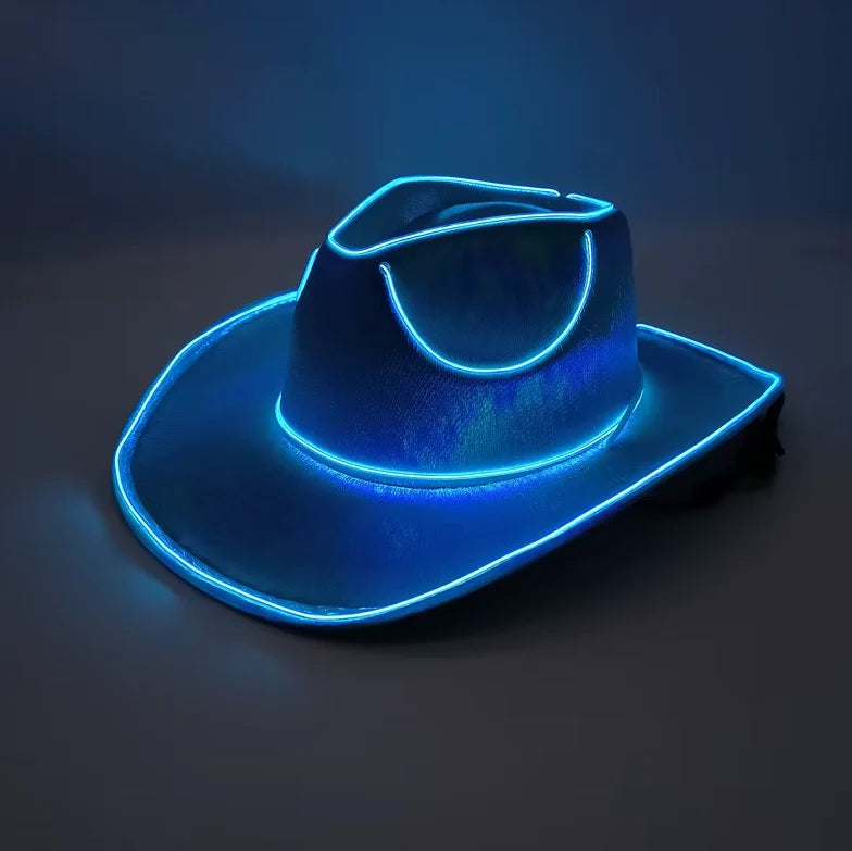 A cowboy-style hat with glowing blue LED trim outlining the crown, brim, and band, photographed on a dark gray background.
