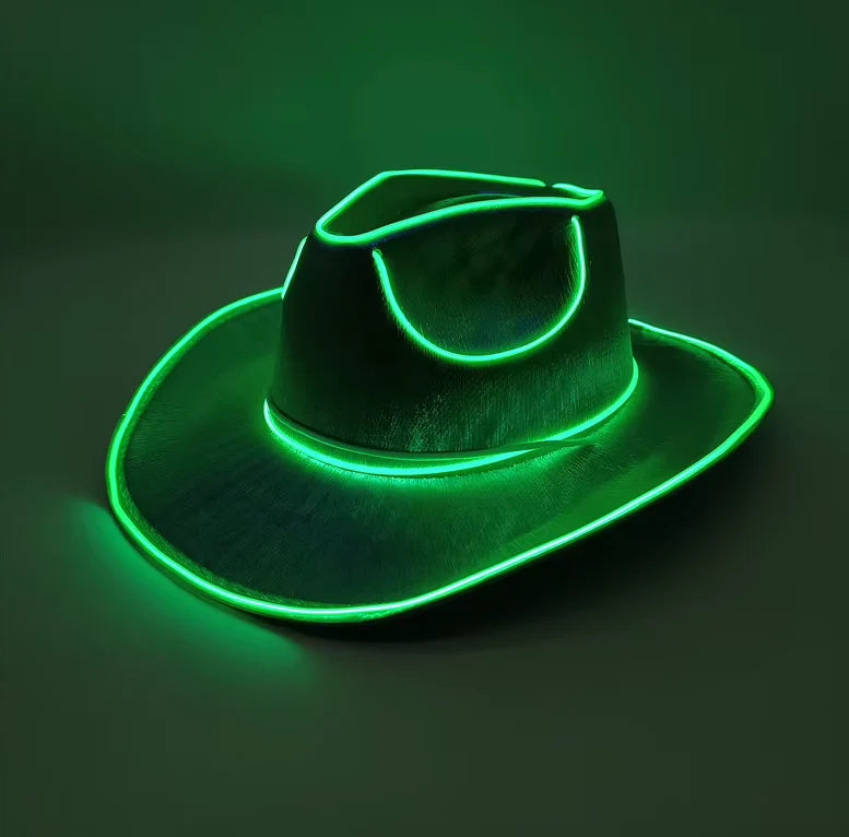 A black cowboy hat with glowing green LED trim outlining the brim, crown, and brim edges, set against a dark green background.