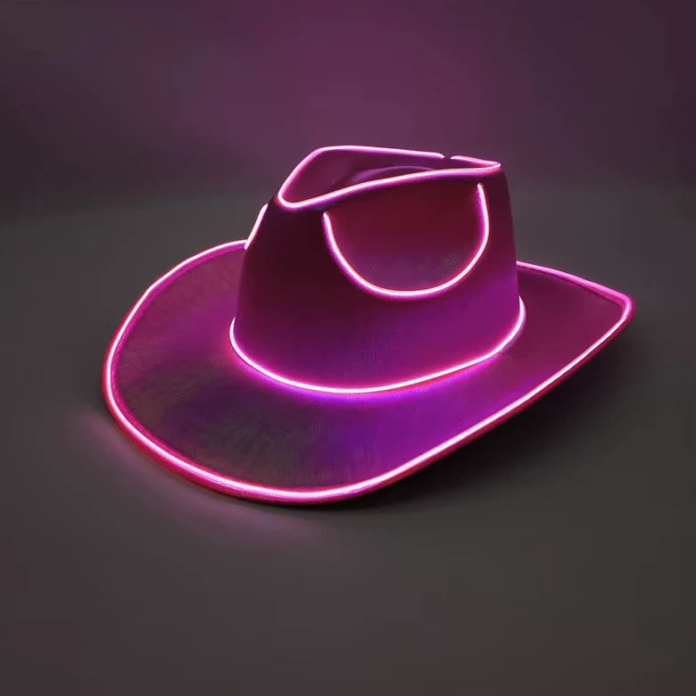 A cowboy hat with glowing neon pink outlines around the brim, crown, and top, shown on a dark gray background.