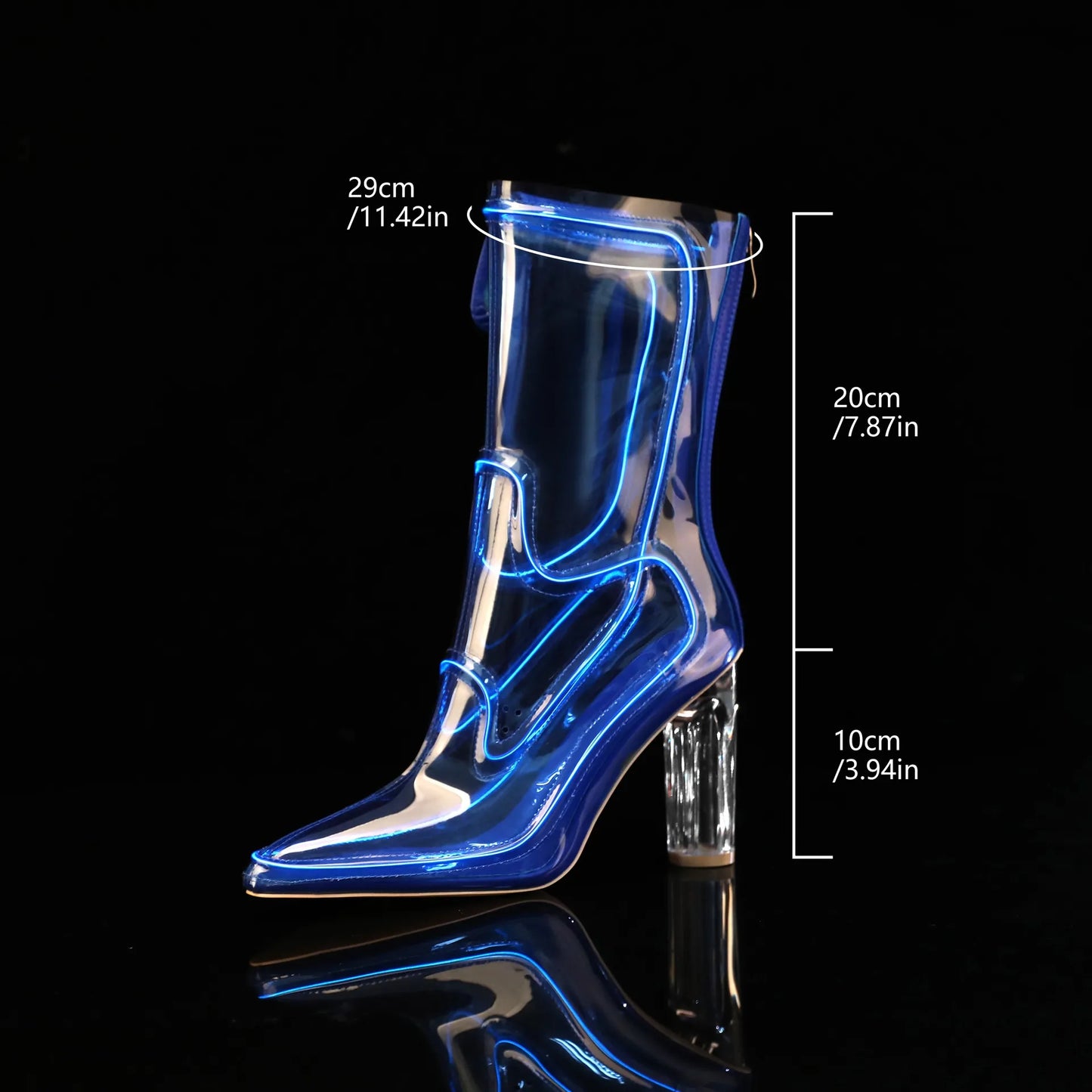 A transparent blue high-heeled Cowboy LED boots shown on a black reflective background with overlaid dimension labels indicating 29 cm total height, 20 cm upper, and 10 cm heel.