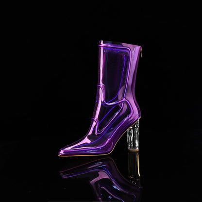 A single glossy translucent purple high-heeled Cowboy LED boots with a clear block heel, photographed on a black reflective surface against a black background.