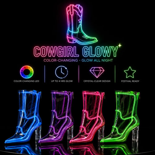 Four transparent high-heeled Cowboy LED boots with glowing LED outlines shown in blue, purple, pink, and green on a black background. Above the boots is a neon cowboy boot graphic, the text 'COWGIRL GLOWY', and feature callouts for color-changing LED, up to 4 hours glow, crystal-clear design, and festival ready.