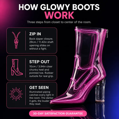 Promotional graphic for a transparent pink high-heeled Cowboy LED boots with text explaining how it looks in three steps: zip in, step out, and get seen. The boot is shown in a glossy translucent pink finish with a clear heel, on a dark gradient background.