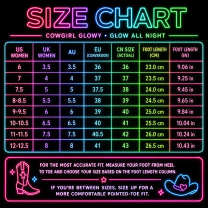 A neon-style size chart graphic for Cowgirl Glowy/Cowboy LED boots 'Glow All Night' shoe sizes, showing a table with US Women, UK Women, AU, EU conversion, CN size, foot length in cm, and foot length in inches. The chart uses pink, green, blue, and purple glowing text and borders, with a cowboy boot illustration and fit instructions at the bottom.