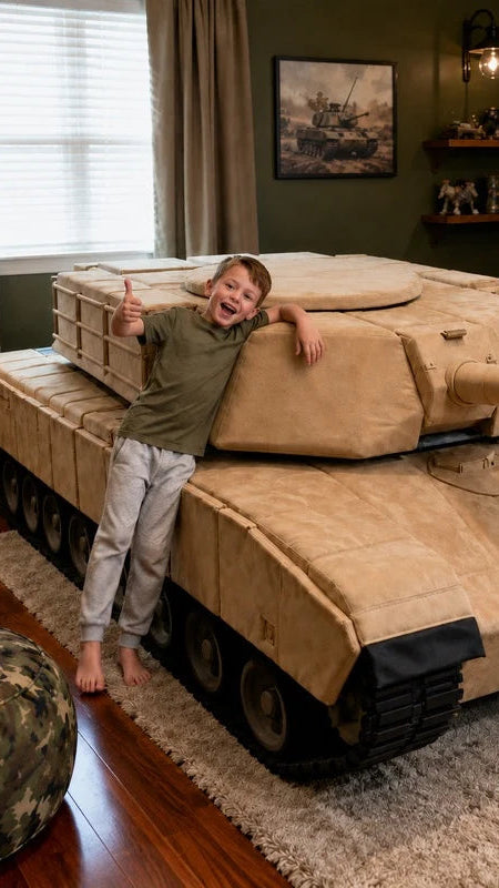 A young boy stands on a large tan military tank bed in a child's bedroom, giving a thumbs-up. The room features dark green walls, a wooden floor, a shag rug, and military-themed decor including a world map and a framed picture.