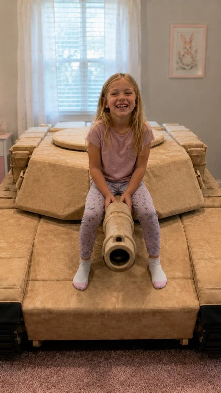 A young girl with blonde hair sits smiling on a large, playful children's bed styled like a tank car. The bed has a tan/beige armored body with black treads and a matching cannon prop.