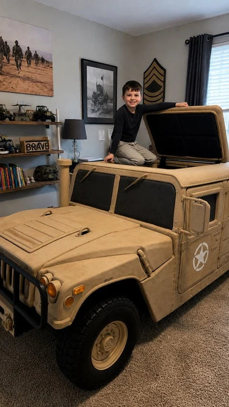 A child sits on top of a large military-style Humvee replica vehicle in a home office or garage setting with carpet, shelves, framed pictures, and a window in the background.